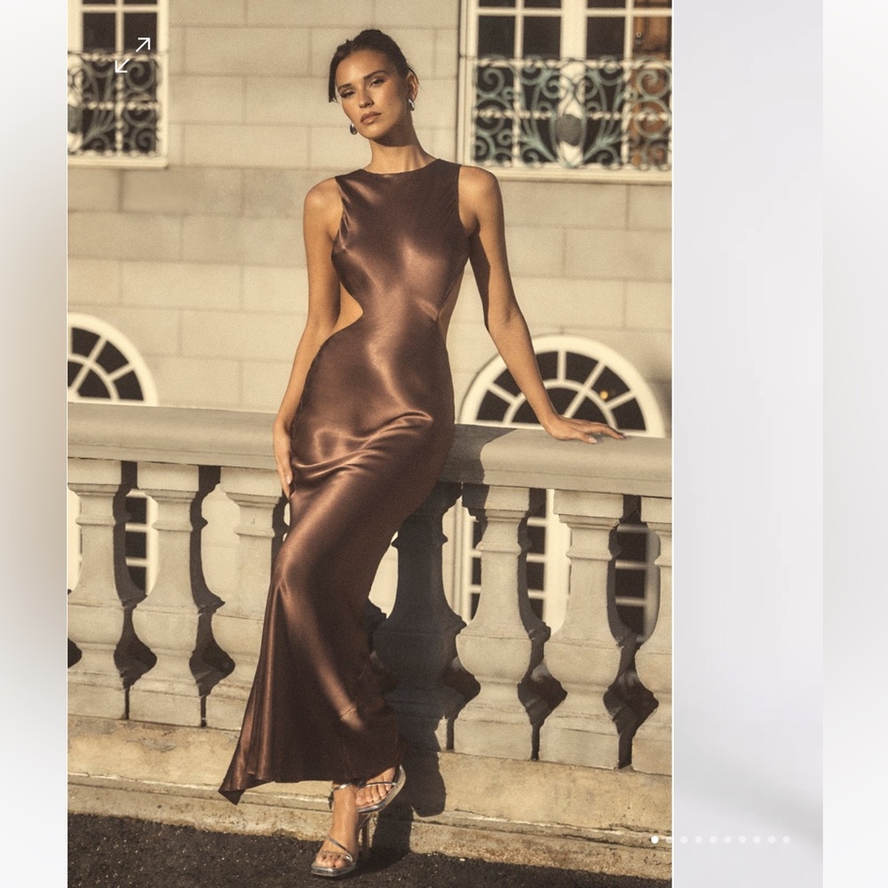 Meshki Satin Cutout Dress in Mocha
